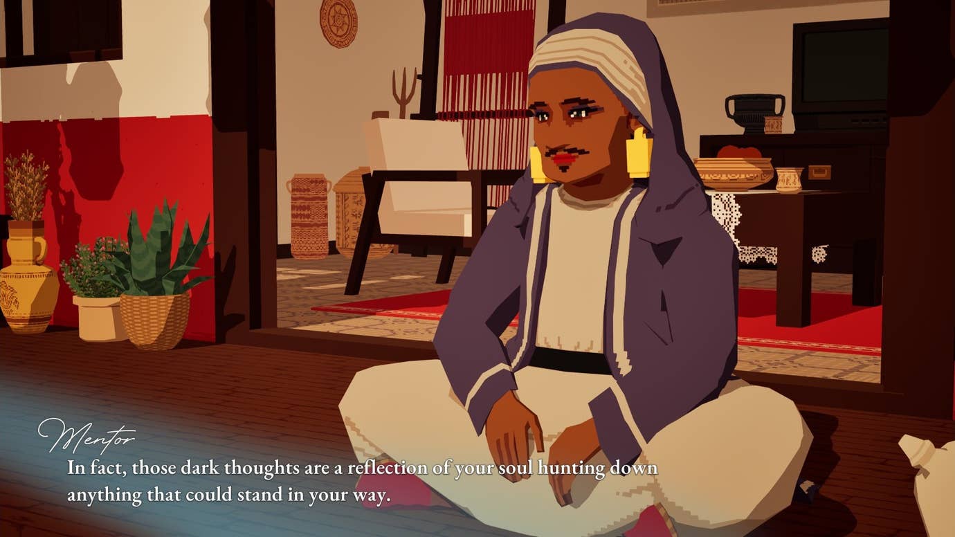 The mentor from Many Nights A Whisper sits crossed legged outside a house.